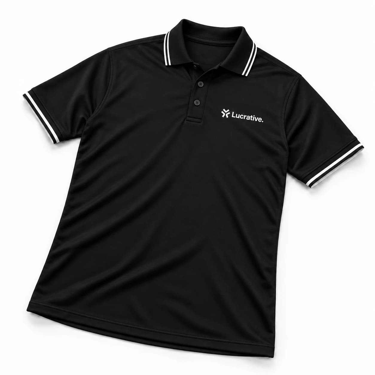 Black Lucrative polo shirt laid flat at a slight angle
