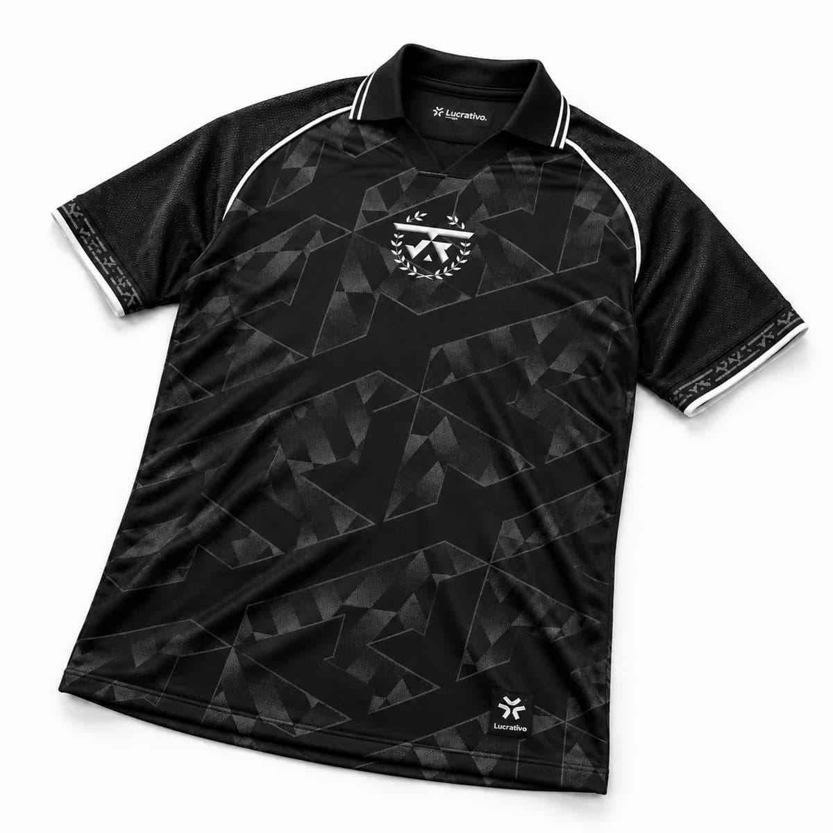 Black JFT jersey with geometric artwork and white trim