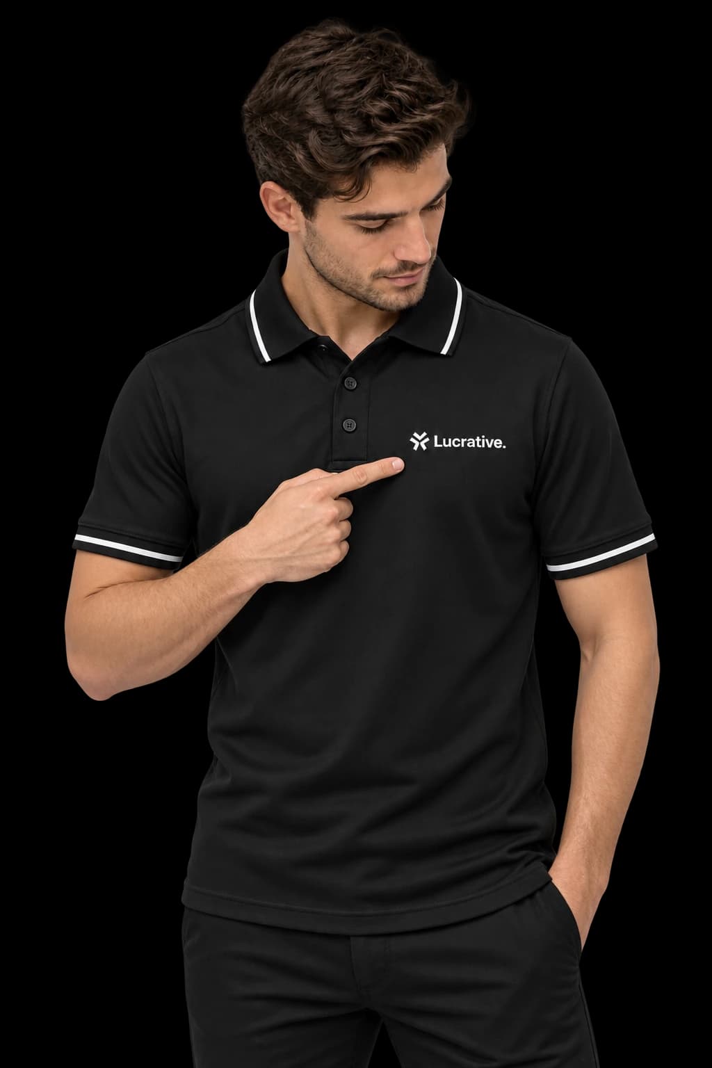 Male model looking down and pointing at the Lucrative logo on his black polo shirt