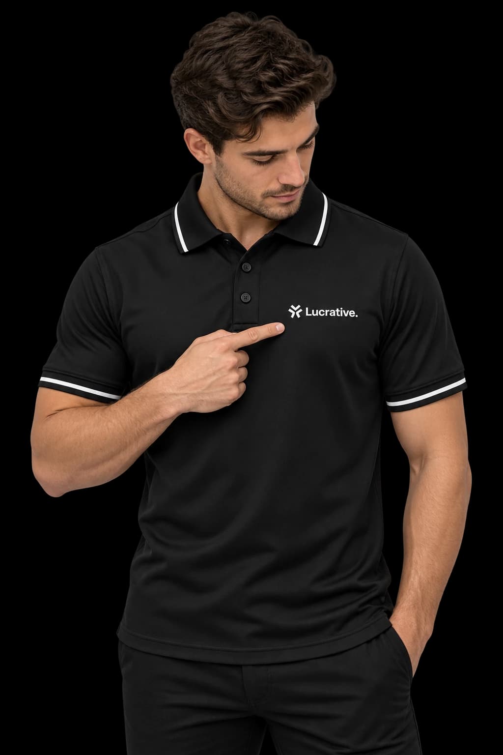 Male model looking down and pointing at the Lucrative logo on his black polo shirt