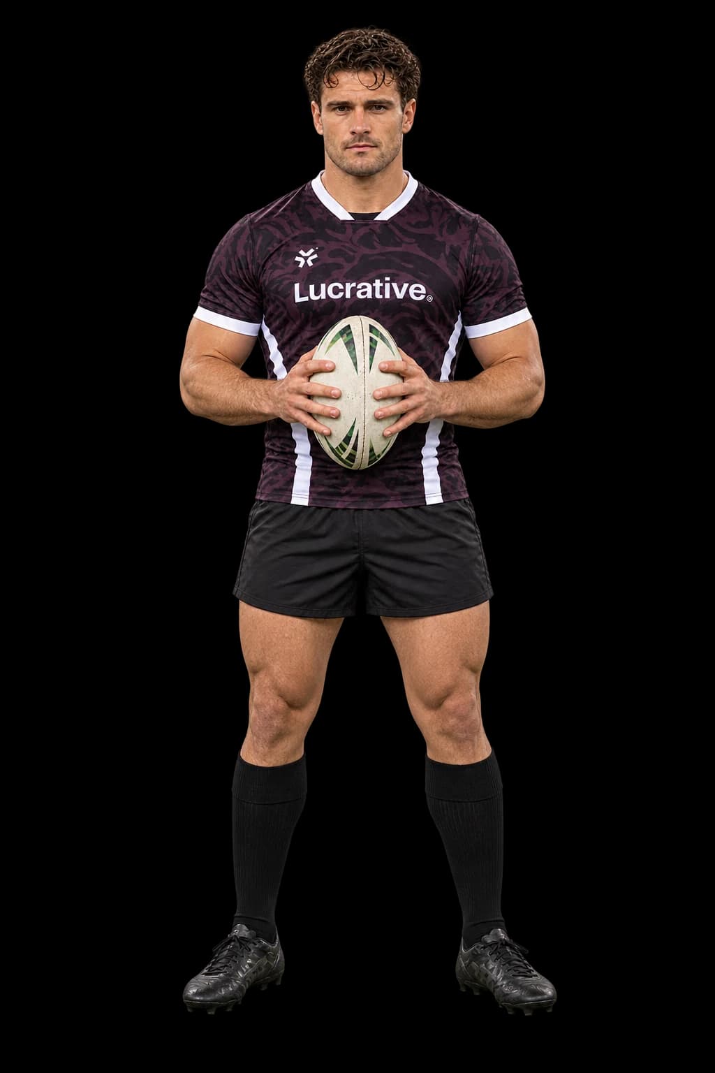 Rugby player in a Lucrative jersey holding a ball
