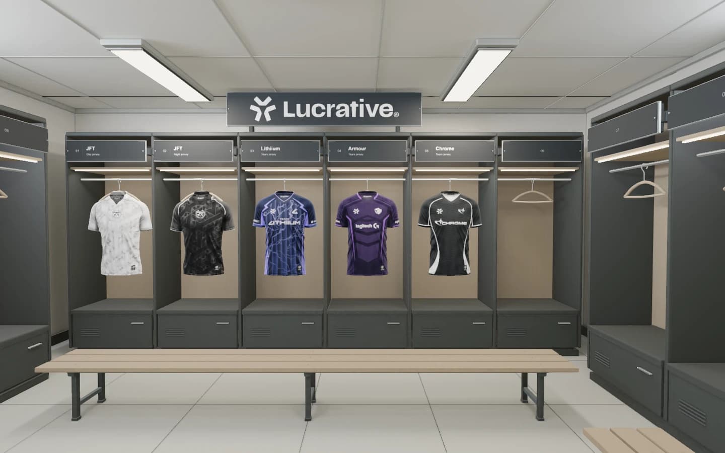 Previous Lucrative jersey designs displayed on locker rails