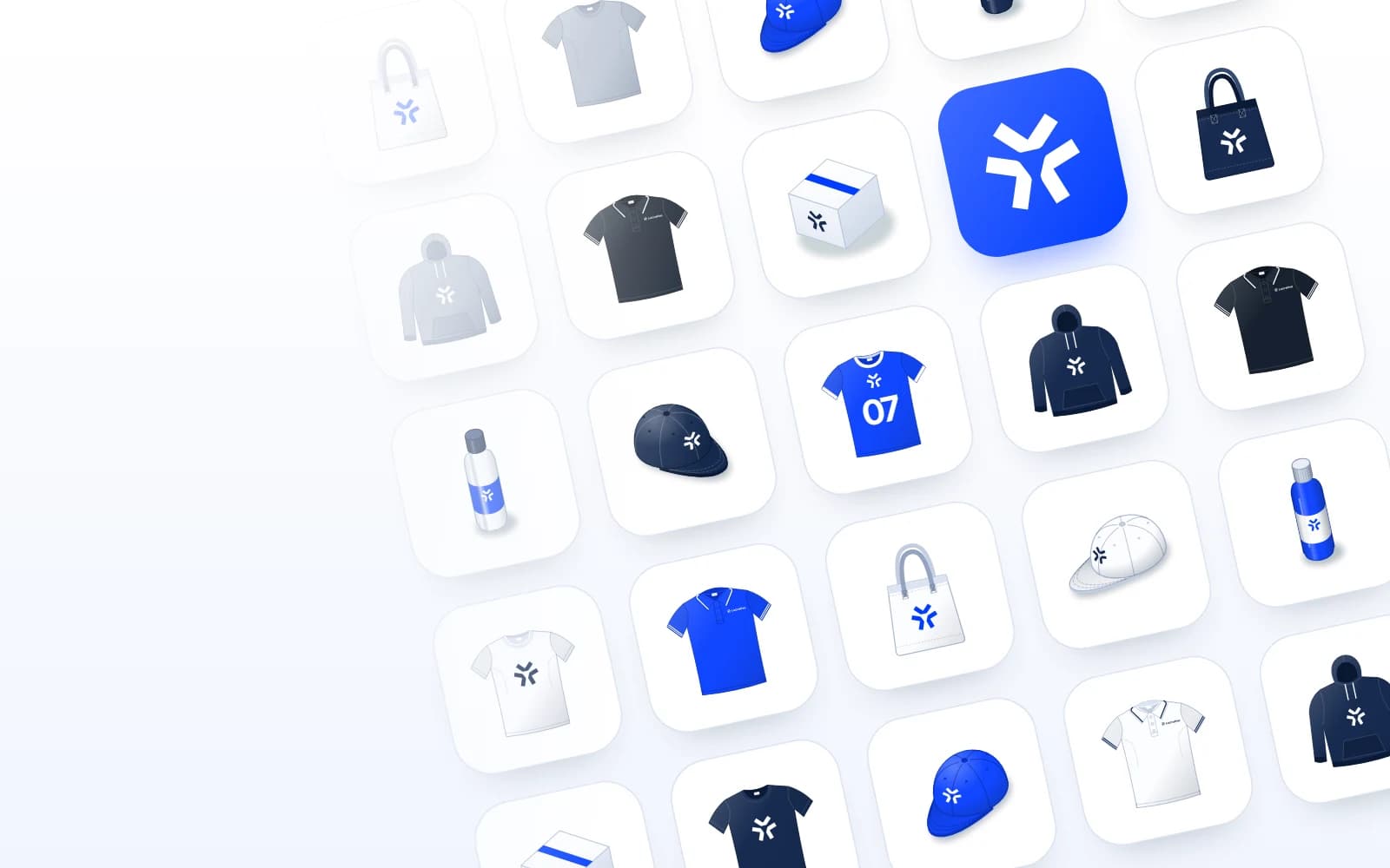 Grid of product tiles showing polos, tees, hoodies, caps, bags, bottles and boxes