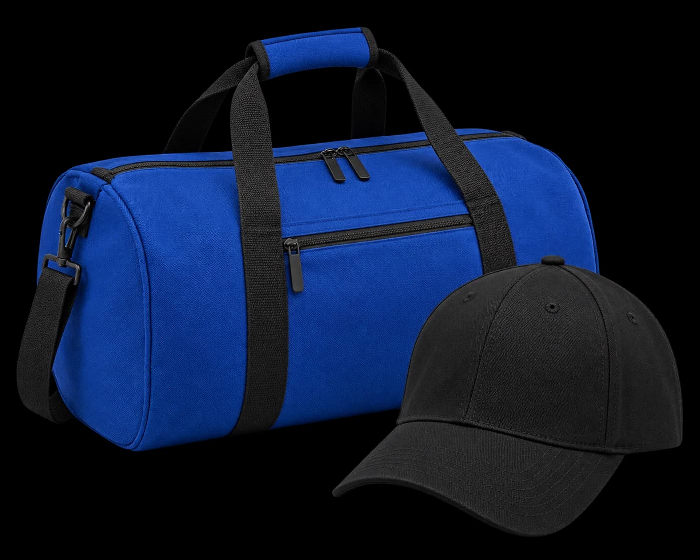 Blue sports bag and black cap