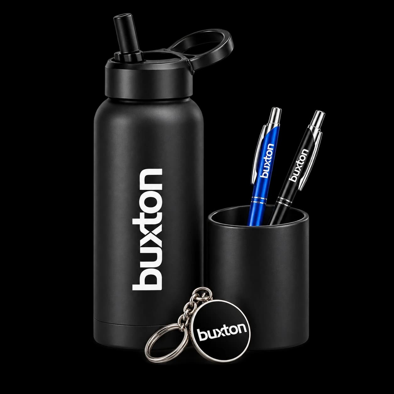 Matching Buxton bottle, pens in a holder and keyring